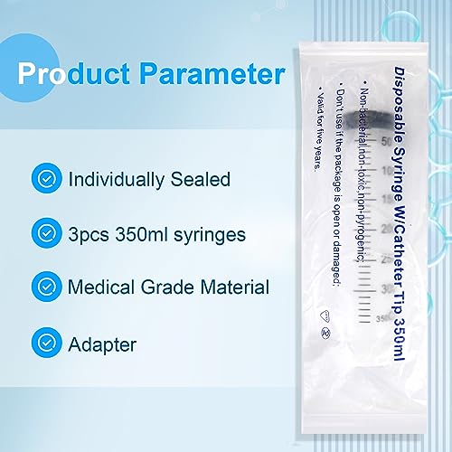 3 Pack 350ml Syringes with 55.1 Inch Tube and Needle 14G 1.5”, Sterile Syringe Individually Packaged for Labs, Liquid Measuring, Feeding Pets,Oil or Glue Applicator - style: 350ml