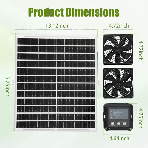 25W Solar Fan for Chicken Coop with Battery and 2000mAh Battery, 3 Smart Modes, 4.7" Dual Fans, Solar Shed Fan & Solar Exhaust Fan for Greenhouse, Dog House, Attic & Outdoor Cooling