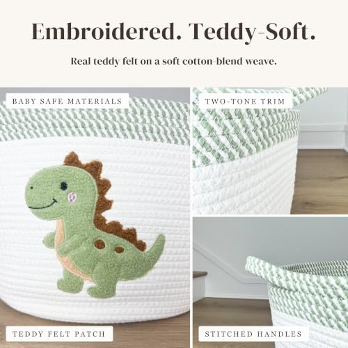 Dinosaur Baby Storage Basket, Woven Cotton Rope Nursery Bin, 15x11 in | Stuffed Animal and Blanket Storage, Soft Felt Dinosaur Patch, Baby Nursery Decor, Baby Shower, Kids Playroom Organizer - color: Dinosaur