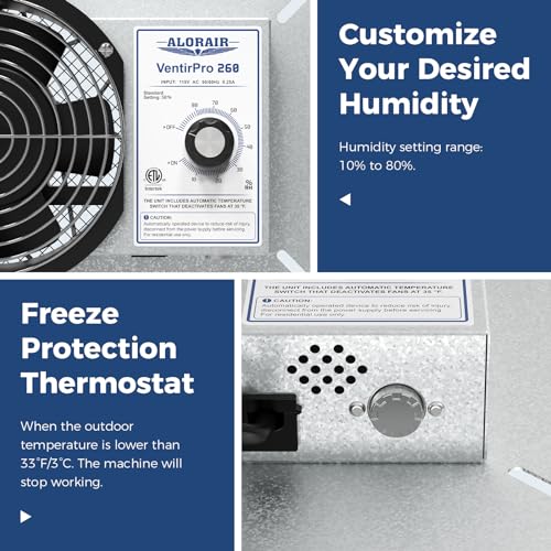 ALORAIR 260CFM Crawl Space Ventilator Fan with Humidistat & Thermostat | 6.7 Inch Basement Vent Fan with Freeze Protection, IP-55 Rated Isolation Mesh for Crawlspace, Garage, Attic, Exhaust - size: Small