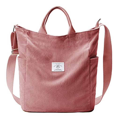 KALIDI Corduroy Tote Bag, Large Slouchy Hobo Messenger Crossbody Bag | Anti Splash Zipper Side Pockets Shoulder Bag Adjustable Strap Lightweight Casual Work Shopping Women - color: Pink