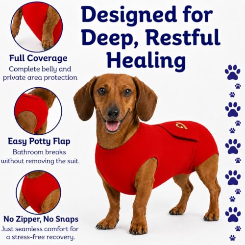 Surgi Snuggly Dog Surgery Recovery Suit, Cone Alternative, Spay/Neuter SL | Dog Recovery Suit for Dogs — Veterinarian-Invented Surgical Suit & Recovery Onesie with Easy Bathroom Access After Surgery - color: Radiant Red, size: Small Long (L-12"-15" | G-14