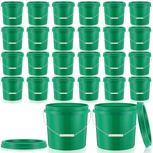 Tioncy 24 Pcs 2 Gallon Plastic Buckets with Lids and Handles,Green | Storage Pails for Paint, Cleaning, Organizing, Durable Containers, Metal Handles, Plastic Material - color: Green