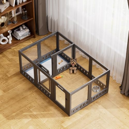 Clear-air Dog Playpen with Room Divider, Expandable Acrylic Dog Playpen to Create 2 Rooms, Clear Dog Play Pen Indoors, 24", 12 Panels, Black - color: Black, size: 24"H