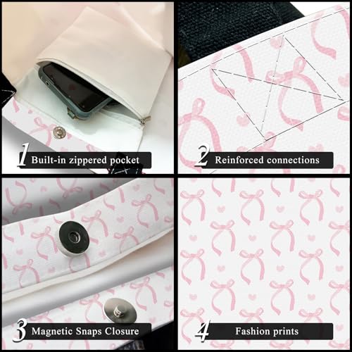 Canvas Tote Bag for Women，Cute Heavy-Duty Shoulder Bag with Zipper Pocket -Travel Tote for Grocery, Gym,Shopping - color: Cute Pink Bows