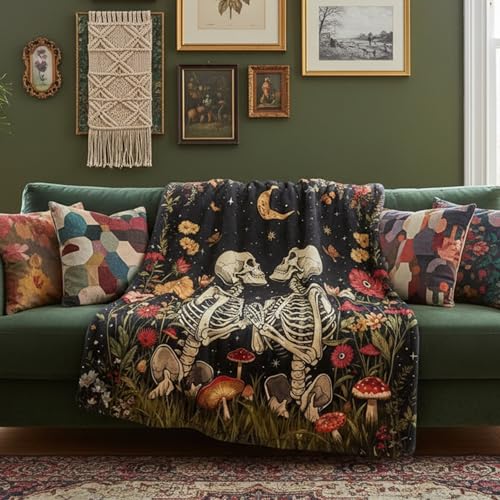 Gothic Moon Skeleton Blanket Gifts for Men Women Kids Romantic Floral Skull Throw Blanket Gifts 50"x60" - color: Black Red