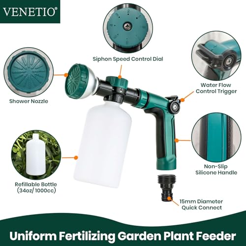 VENETIO 8-Dial Hose End Sprayer for Liquid Fertilizer/Soap | Precision Lawn, Yard & Garden Feeder with 34oz Bottle for Uniform Fertilizing and Watering Plants | Hose Attachment Nozzle Spray Gun - style: Lawn & Garden Feeder (34 oz)