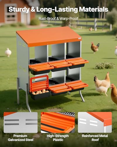 VEVOR Chicken Nesting Boxes, 6 Compartments, with Support Legs, Easy Egg Collection, Galvanized Steel and High-Strength Plastic, Roll Away Nesting Boxes for Chickens and Hens Laying Eggs, Orange - size: 31.3"L x 20.7"W x 39.0"H