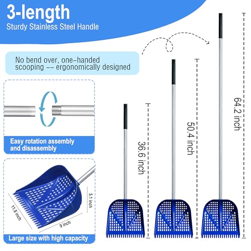 11.8inch Heavy Large 2-in-1 Chicken Poop Scooper & Rake,Adjustable Aluminum Handle（20–61"） Chicken Coop Scoop– Litter Scoop Sand & Sifting Shovel for Chicken Coops(Blue) - color: Blue