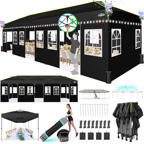 COBIZI 10x30 Pop Up Canopy with Sidewalls, One Push Easy Setup, Black | Canopy UPF 50+ Waterproof Gazebo Party Tents for Parties, Backyard, Commercial Event - color: Black(1-year warranty), size: 10x30 with Sidewalls