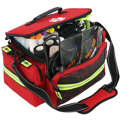 Lightning X Mid-Sized First Responder EMT Bag | LXMB25 | Fully Stocked w/ 248+ First Aid Supplies + Trauma Pak w/C.A.T. Tourniquet & QuikClot - RED - color: Red
