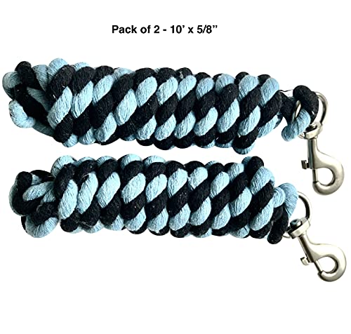 Majestic Ally Pack of 2 Solid Cotton Lead Rope for Horses & Livestock – 10 Foot Long and 5/8 inch Thick - Replaceable Heavy-Duty Satin Bolt Snap – Handmade – Soft, Broken in Feel (Sky Blue - Black) - color: Sky Blue - Black