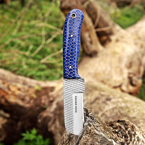 Custom Handmade 7'' fixed blade hoof rasp knife/Cow boy knife/Bull cutter Cowboy knives with pancake leather sheath (BLUE CONE) - color: BLUE CONE