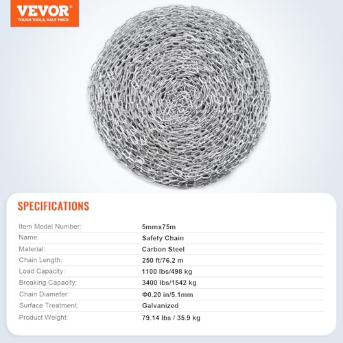 VEVOR Proof Coil Chain, 3/16" x 250', 1100 lbs Safe Working Load, Zinc Plated Proof Tested Coil Chain with Two Quick Links, Galvanized Carbon Steel Link Chain for Towing, Hanging, Camping, Pet Towing - size: 3/16 Inch x 250 Ft
