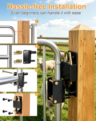 Valchoose Heavy Duty 2 Way Gate Latch, 8 Screws and Instructions, 1 Set | One Hand Pull Pin Opener, Padlock Hole, No Welding Round Tube Mount, Fits Livestock Fence Horse Corral Pasture Stable Ranch