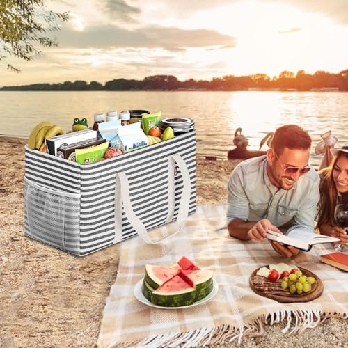 LHZK Standing Extra Large Utility Tote Bag with Metal Wire Frame and the Sides Rinforced, Extra Large Tote Bag with Handle, Reusable Grocery Bags Foldable, Beach Bag, Car Tote, Black | Metal Wire Frame - color: Black/White, size: 22.5''x10.5''x12''-1 Pack