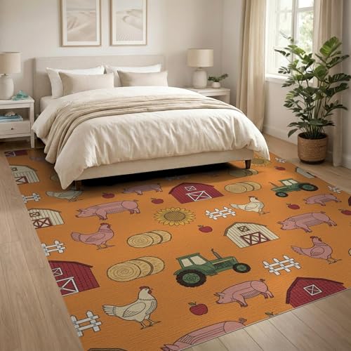 8'x10' Washable Country Chicken Large Rug, Yellow Non-Shedding Pet Friendly Carpet Foldable Easy Care Mat for King Size Bedroom, Master Suite, Under Bed | Ref:1969512 - color: Orange/Pattern 20, size: 8' x 10' (Rectangular)