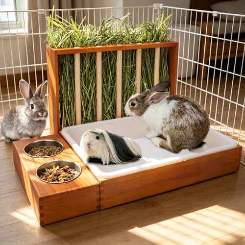 BESNEW 3-in-1 Rabbit Hay Feeder with Litter Box,Upgraded Rot Resistant Rreatment Wooden Hay Feeder with 2 Bowls & Litter Box for Guinea Pigs,Chinchillas,Rabbits & Other Small Animals,Waste Prevention - color: Coffee 1, size: 15.7in Style1