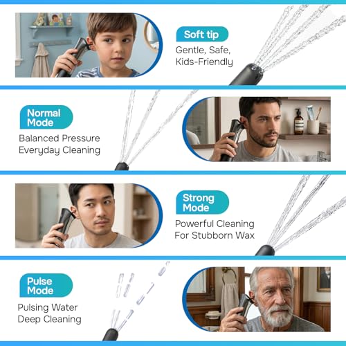 Ear Wax Removal Kit – Ear Cleaner for Adults and Kids – Dual Tank Design, 4 Nozzles, 4 Cleaning Modes, IPX6 Waterproof, One-Hand Operation – USB-C Rechargeable Electric Earwax Irrigation Device