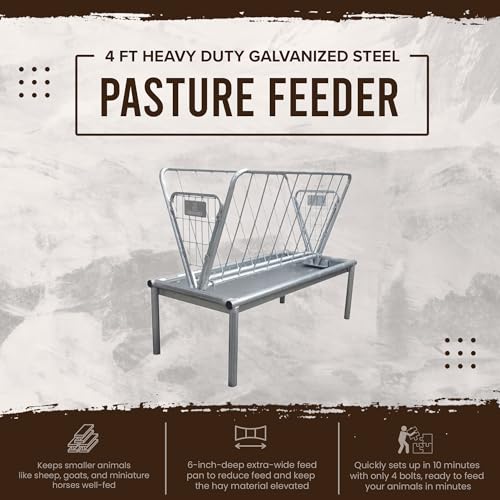 Rugged Ranch Products 4 Foot Long Outdoor Heavy Duty Mini Galvanized Steel Pasture Hay Feeder for Goats, Sheep, and Miniature Horses, Silver