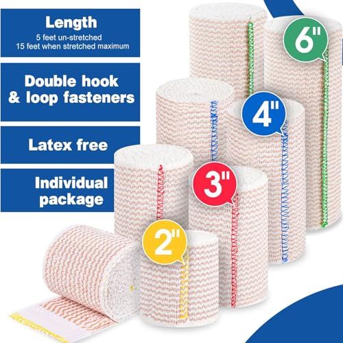 AZEN Premium 8 Pack Elastic Bandage Wrap (2x2", 2x3", 2x4", 2x6"), Compression Wrap Bandage for Legs, Ankle, Knee, Tummy, Body, Latex-Free, Lymphedema Wraps for Legs - color: Mix 8p