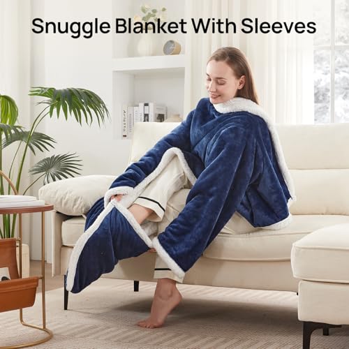 Westinghouse Wearable Heated Blanket with Foot Pocket Sherpa 50x70+18 Navy | Electric Snuggle Throw with Foot Pocket, Flannel Sherpa 6 Heating Levels & 2-10 Hours Auto Shut Off, Home Office Use - color: Navy Blue&ivory, size: 70*50" Heated Snuggle Blanket