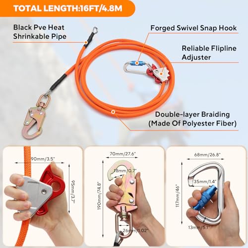 16ft Steel Wire Core Flipline, 3300Lbs Arborist Positioning Lanyard Kit | Flip line with Triple Lock Carabiner, Swivel Snap Hook and Rope Grab for Large Trunk Climbing, Tall Tree Care and Rescue - size: 1/2’’ x 16 ft