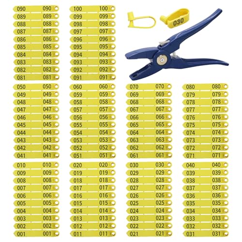 100PCS Livestock Ear Tags Sheep Goat 001-100 Numbered with Applicator Kit | with Punch Plier Tool, Laser Printed Plastic Tags for Goats Sheep Pigs Farm Herd Management Identification (Yellow) - color: Yellow