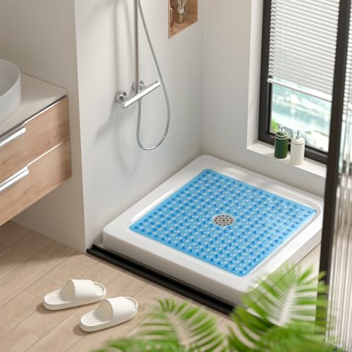 HITSLAM Non Slip Shower Mat, Square Bathtub Mat, 24x24 Inch, Blue | Diamond Textured PVC Bath Mat With Suction Cups, Shower Stall Mat with Center Drain Hole, Strong Grip, Machine Washable - color: Blue
