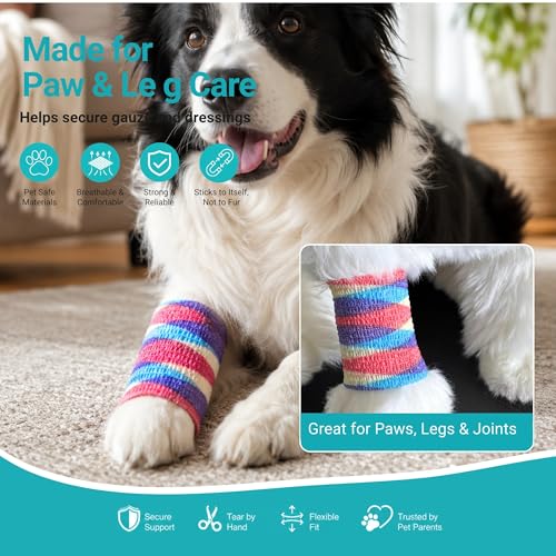 Dog Bandage Wrap, 6 Rolls 2" x 5 yd Stripe Print Pet Tape | Dog wrap bandage for paw & leg care, minor wounds, hotspots, broken nails, gauze pads & licking protection - color: RA-6ROLL-2IN