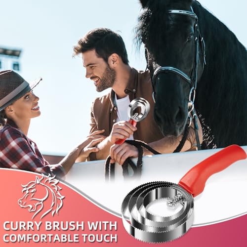 Double Sided Stainless Steel Curry Comb With Soft Grip, Shedding & Grooming Tool For Dogs, Cattle & Horses (Red) - color: Red