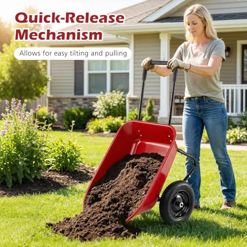 IRONMAX Dual-Wheel Wheelbarrow with All-Terrain Wheels, 220LBS, Red | Heavy Duty Wheel Barrow Gardening Cart, Yard Cart with Built-In Stand for Lawn, Farm & Planting - color: Red