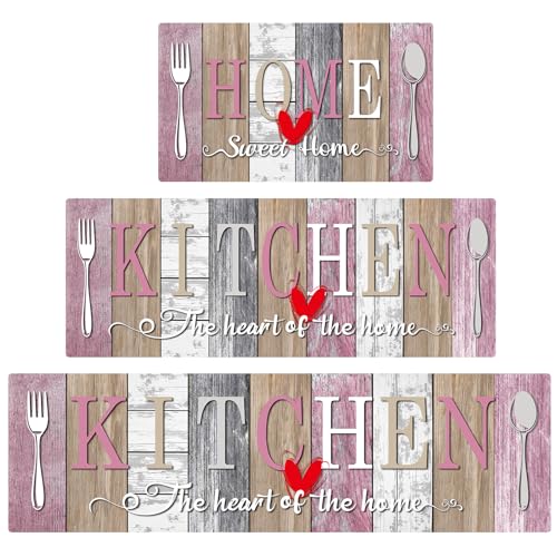 Kitchen Rugs Set 3 Piece, Non Slip Pink Kitchen Mats for Floor, Soft Fabric with Rubber Backing, Farmhouse Anti Fatigue Runners Carpet for Home Kitchen Laundry Room Hallway (Rustic Pink & Grey) - color: Rustic Pink & Grey