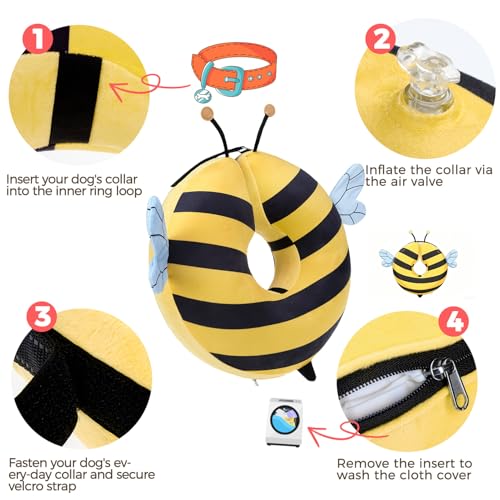 PAWCHIE Inflatable Dog Cone Collar Alternative, Soft Dog Cone for Medium to Large Dogs After Surgery, Adjustable Neck Recovery E-Collars Donut Collar with Cute Bee Shape, Yellow L - color: Yellow, size: L(Neck:16"-18")