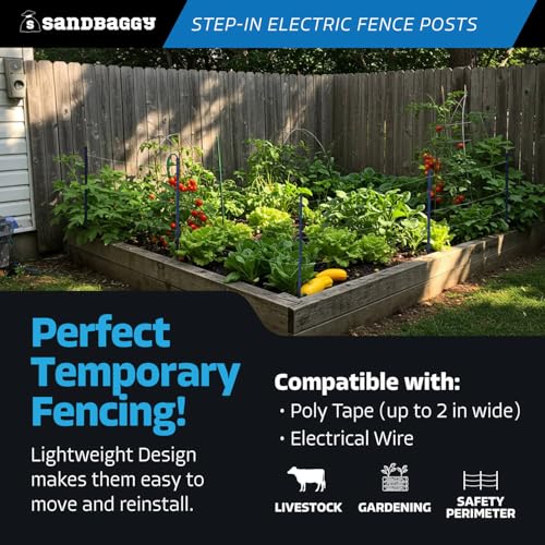 Sandbaggy 4 ft Plastic Step in Electric Fence Posts - UV Resistant - Temporary or Semi-Permanent Fencing for Livestock, Grazing, Gardening - Lightweight, Adjustable Height (4 ft, Black, 50)