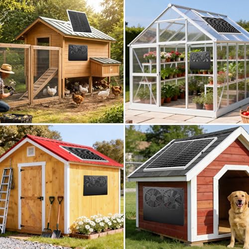 Metal Solar Dual Fan with Battery Day & Night Work Fans, 25W Solar Powered Fan for Chicken Coop with 18000mAh Battery, Outdoor Waterproof Greenhouse Solar Exhaust Fan for Shed, Pet Houses, Ventilation