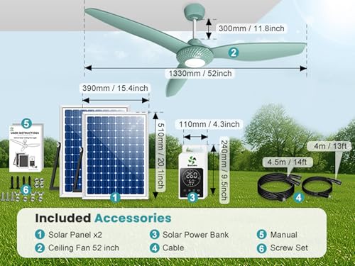 Solar Ceiling Fan Light 52" for Outside with Battery and Thermostat | Solar Powered Gazebo Fan, 2PCS 30W Bifacial Panels, Humidity Display, for Patios, Porch, Greenhouse, Adjustable Temp Control