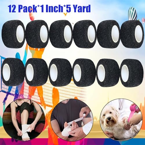 12 Pack Self Adhesive Wrap Bandage - Vet Wrap for Pets, Stretch Self-Adherent Cohesive Tape Breathable Athletic Tape Rolls (1 Inches x 5 Yards Each, Black) - color: Black