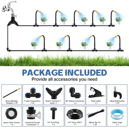 Kalolary 100FT Misting Cooling System with 360°Adjustable Nozzles | Mister for Outside Patio with 100FT Misting Line,25pcs Brass Mist Nozzles,Outdoor Mister for Greenhouse Plant Drip Irrigation - size: 100FT with Adjustable Brass Spray Nozzles