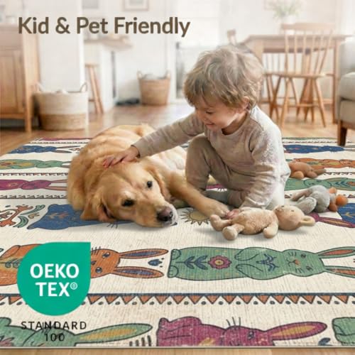 4'x6' Washable Bohemian Bunny Accent Rug, Green Non-Shedding Small Carpet Pet Friendly & Non-Slip for Playroom, Bedroom, Reading Nook | Ref:1969466 - color: Beige/Pattern 3, size: 4' x 6' (Rectangular)