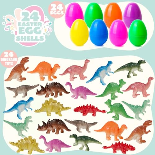 BAINFE 24Pack Easter Eggs with Dinosaur Toys Easter Basket Stuffers Easter Party Favors for Kids Easter Egg Hunt Filler Classroom Prizes