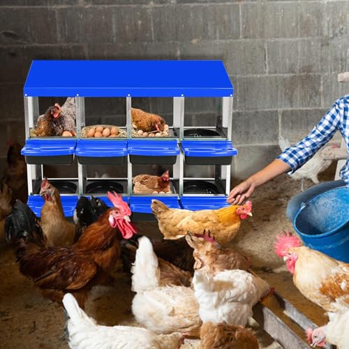 Chicken Nesting Boxes, 8 Hole Metal Chicken Laying Box with with Removable Trays and Roll Out Egg Collection for Chicken Coop, Blue - color: Blue, size: 46.3"L x 17.3"W x 10.8"H