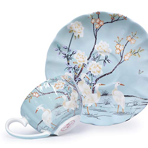 8oz Blue Fine Bone China Coffee Cup with Saucer,Colored Flowers,White Crane Porcelain Tea Cup and Saucer | Vintage Porcelain Coffee Cup with Scalloped Rim for Women and Tea Parties