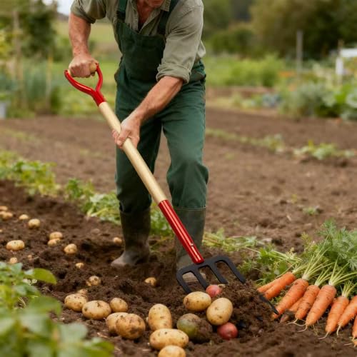 Heavy Duty Garden Fork for Digging, 4 Tines Pitch Fork for Gardening Compost, Garden Pitch Fork with Wooden Handle, 45 Inches