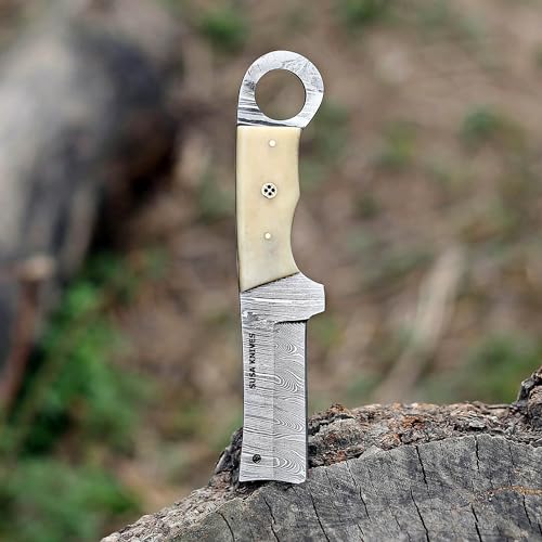 Custom Handmade 7'' fixed blade hoof rasp knife/Cow boy knife/Damascus steel Bull cutter cowboy knives with pancake leather sheath (SUSA 118) - color: SUSA 118