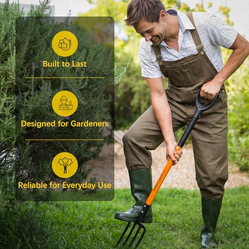 Pitch Fork for Garden, 4-Tines Garden Fork, 45-Inch Spading Fork, Heavy Duty Compost Digging Fork with Steel Handle and Enhanced D-handle, Orange