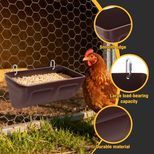 2 Pack Hanging Chicken Feeder Trough for Goat,Sheep,Dog.Livestock Feeding Container Goats Supplies Feeders Waterer Bucket (Brown)