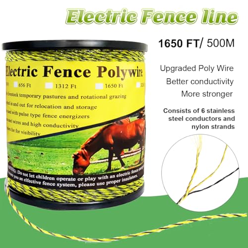 1650 Feet Electric Fence Polywire, 500 Meters 1/8" Diameter Portable Electric Fencing Poly Wire Rope Line 6 Steel Strands for Reliable Conductivity & Rust Resistance - size: 1650 Ft