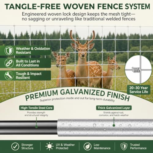 Farm Fence 5ft x 328ft, 12 Gauge Heavy Zinc Coating Cattle Panel Fence Galvanized Woven Wire Field Fencing Livestock Fence, Durable Chain Link Hog Wire Fencing for Yard Garden Sheep Goat Deer Horse | Galvanized Woven Wire Field Fencing Livestock Fence,Dur