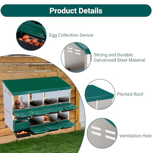 Chicken Nesting Box, 8 Compartment Roll Away Nesting Box for Eggs, Chicken Laying Box with Egg Collection, Cleanable Pull Out Hen Roosting Boxes ﻿